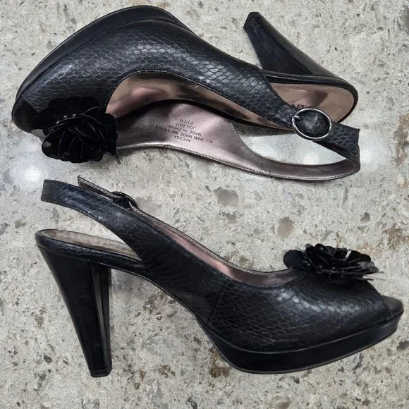 AK Anne Klein Black Slingback Heels Peep Toe Floral Platform Pumps - Picture 5 of 12